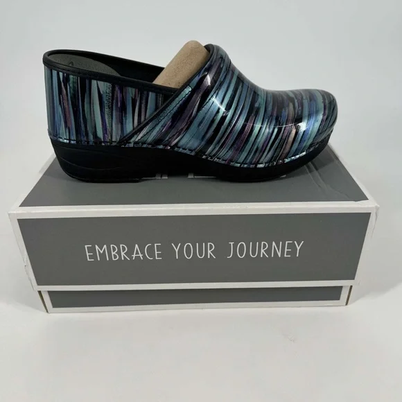 NIB Dansko Teal Striped patent leather slip on clogs multi sizes - Picture 1 of 6